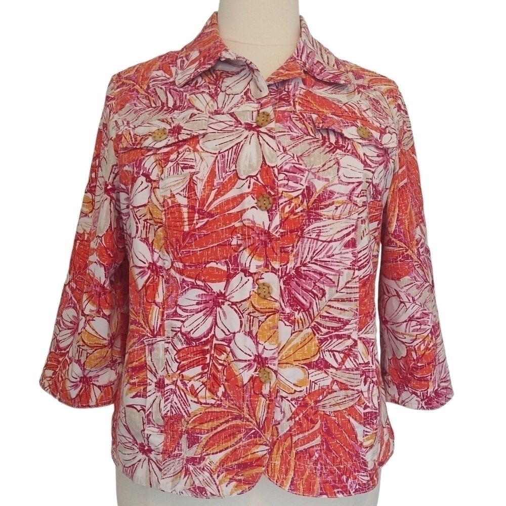 Ruby Rd. White Pink Orange Floral Tropical Lightweight Button-Up Jacket Pockets
